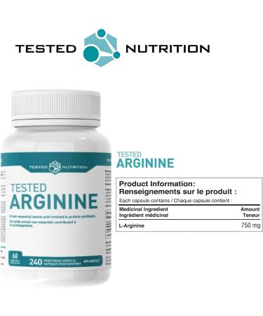 Tested Nutrition Tested Arginine Capsules | 750 mg L-Arginine Capsules for Protein Synthesis Nitric Oxide Production Endurance & Performance | 60 Servings (240 Vegetarian Capsules) - Buy Online on SooperMarket.com