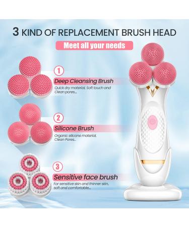3D Facial Cleansing Brush Electric Face Scrubber with 3 Replacement Heads for Deep Cleaning|Gentle Exfoliate|Tighten Skin (Pink) - Buy Online on SooperMarket.com