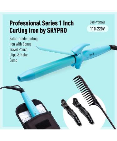 SKYPRO Professional 1 Inch Hair Curling Iron with Bonus Travel Pouch | Ceramic Barrel & Firm Clamp | Ideal for Short to Mid-Length Hair - Buy Online on SooperMarket.com