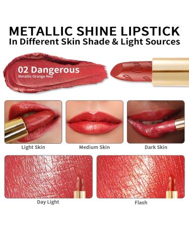 Oulac Metallic Red Orange Lipstick - Smudge Proof Glitter Lip Color Blood Orange - Vegan Formula - 4.3g/0.15oz - Buy Online on SooperMarket.com