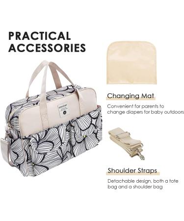 SONARIN Large Capacity Waterproof Baby Changing Tote Bag - Multi-Function Satchel Messenger Bag with Shoulder Strap & Changing Mat, Black & White Petals - Buy Online on SooperMarket.com