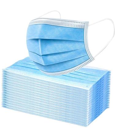 Pack of 100 Blue Disposable Face Mask, Effective Filtration, Single Use Bulk Pack 3-Ply Masks Facial Cover with Elastic Earloops For Home, Office, School, and Outdoors