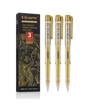 Qionew Gold Gel Pens 3 Pack 1mm Extra Fine Point Pens Gel Ink Pens Opaque White Archival Ink Pens for Black Paper Drawing Sketching Illustration Card Making Bullet Journaling