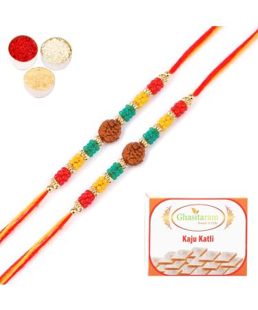 Ghasitaram Gifts Rakhi for Brother Rakhis Online - Set of 2-1986- Rudraksh Rakhi with 200 GMS of Kaju katli