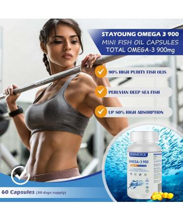 FEMMEROL Omega 3 900 60 Mini Capsules Easy to Swallow - 1000mg Total Omega-3s with EPA & DHA Deep Sea Fish Oils Support Heart Brain Bones & Joints Mood & Eye Health - 90% Purity - 30 Servings - Buy Online on SooperMarket.com