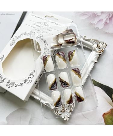 24PCS Gold Glitter Marble Square Press On Nails - Medium False Acrylic Nails for Women - Brown Full Cover Stick On Nails - Buy Online on SooperMarket.com