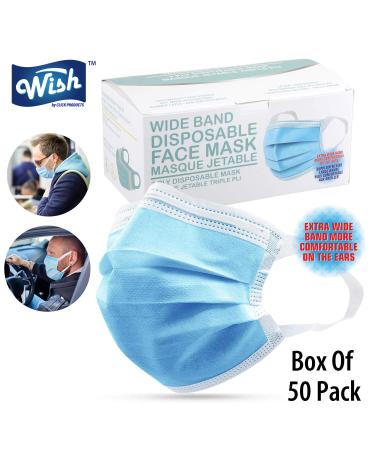 Wish Disposable Face Masks - Pack of 50 - 3 Ply - Wide Ear Loop for Extra Comfort - Ships from USA - Buy Online on SooperMarket.com