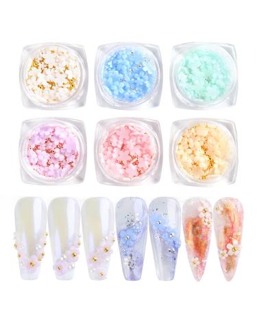 3D Flower Nail Charms 6 Boxes Acrylic Flower Nail Charms with Gold Silver Caviar Beads Nail Accessories Nail Art Rhinestones Nail Jewelry for Women Girls DIY Nail Design