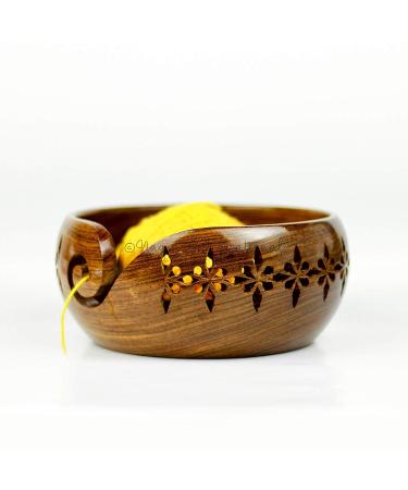 Nagina International Rosewood Crafted Wooden Yarn Storage Bowl With Carved Holes & Drills | Knitting Crochet Accessories (Medium)