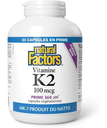 Natural Factors Vitamin K2 100 mcg BONUS SIZE 360 Vegetarian Capsules MK-7 from Natto Bean Helps Support Bones Vegan 60 Free Capsules - Buy Online on SooperMarket.com