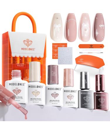 modelones Gel Nail Polish Kit with U V Light 4 Colors Gel Mini Salon Base&Top Coat and Stickers Milky White Nude Pink Glitter Fall Manicure Set DIY Home Nail Art Decoration Kit Gift for Women A0 Pure Me