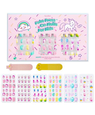 144Pcs Kids Press on Nails Children Girls Short Artificial Fake Nails No fading Stable Quick Stick on Rainbow Unicorn Pre Glue Full Cover Acrylic Nail Tip Kit Gift for Kids Nail Decoration(Unicorn)