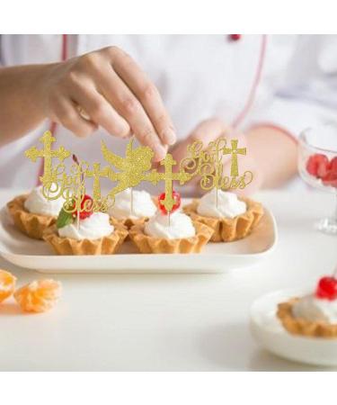 Rsstarxi 24 Pack God Bless and Cross Cupcake Toppers Angel Christening Cupcake Picks Babyshower Boy Baptism Cake Decorations for First Communion Baptism Party Decorations Gold - Buy Online on SooperMarket.com
