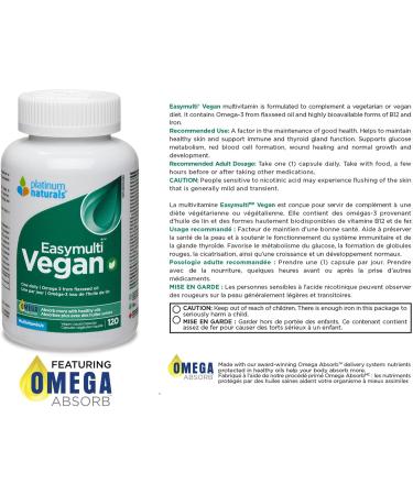 Platinum Naturals Easymulti Vegan 120 Vegan Liquid Capsules - Complete Multivitamin for Men & Women Includes Omega 3 Flaxseed Oil Enriched with B1 B2 B3 B5 B6 B12 Vitamin C Iron & Zinc 120 count (Pack of 1) - Buy Online on SooperMarket.com