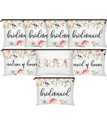 8 Pieces Bridesmaids Makeup Bag Wedding Bridal Makeup Bag Cosmetic Canvas Bag Matron of Honor Bag Wedding Print Cosmetic Bag for Women Brides Bridesmaids Wedding Parties(Floral Pattern)