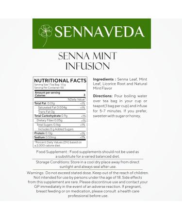 Sennaveda Senna Mint Infusion 50 Tea Bags| Made with Senna and Mint leaves | Herbal Tea | Digestive health | Detox tea | Detox cleanse | Laxatives | Senna tea for constipation 1 Count (Pack of 50) - Buy Online on SooperMarket.com