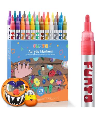 Funto Acrylic Paint Pens for Rock Painting Fabric Wood Canvas Metal Ceramic Glass Scrapbooking Craft 24 Colors Paint Marker Set Medium Tip Non-Toxic Quick Drying PACK 24