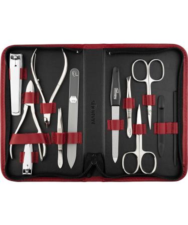 Marqus Solingen Manicure Set Solingen - 12 Party Manicure Pedicure Set in Real Leather Etui Handy and soft - Complete set with everything for hand and foot care 2. Red