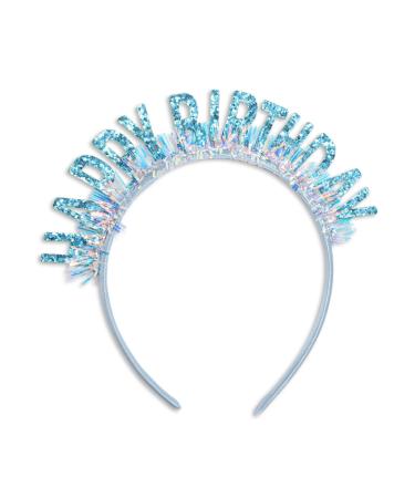 Birthday Crown Headband Happy Birthday Headband for Women Girl Glitter Birthday Tiara Hair Band Headwear Happy Birthday Party Decorations Accessories Gift (Blue)