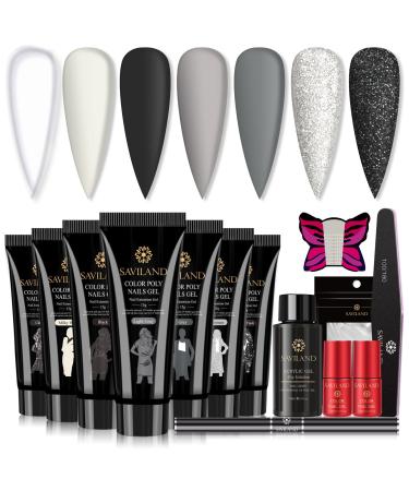 Saviland Poly Nail Gel Kit - 7 Colors Poly Nail Extension Gel Nail Kit with Black Gray Clear Builder Nail Gel  Slip Solution Nail Tools for Nails Enhancement Manicure Beginner Starter Kit All-In-One