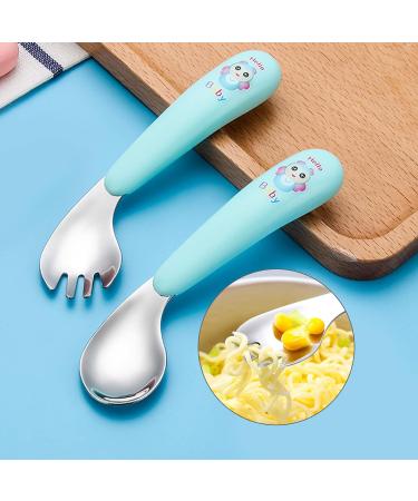 Silent Children Cutlery Set | Curved Handle Stainless Steel Baby Fork & Spoon | Heat-Resistant Self-Learning Feeding Utensils (Green) - Buy Online on SooperMarket.com