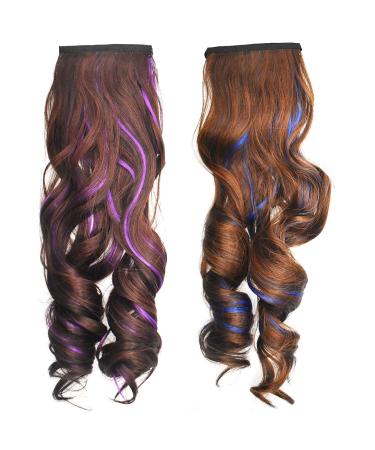 Saijer Ponytail Extensions - 2 PCs Corrugated Long Hair Extensions | Realistic Wrap-Around Wig for Girls - Brown Purple Blue - Buy Online on SooperMarket.com
