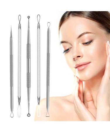 Blackhead Remover Acne Treatment Kit - Professional Skin Care Tools for Pimple Popper, Blemish, and Whitehead Extraction - 5 Piece Stainless Steel Set with Travel Case (Silver) - Buy Online on SooperMarket.com