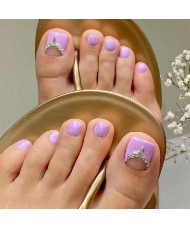 MISUD Press on Toenails Glossy Fake Toenails Purple Glue on Toenails French Tip Acrylic Toenails Bling Glitter Stick on Short Artificial False Toenails with 3D Rhinestone Design Full Cover Press-on ToeNails for Women 24p...