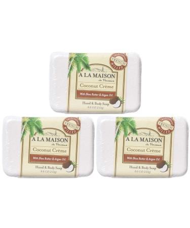 A LA MAISON Coconut Creme Bar Soap - Triple French Milled Natural Moisturizing Hand Soap Bar (3 Bars of Soap 8.8 oz) Coconut Creme 3 Pack