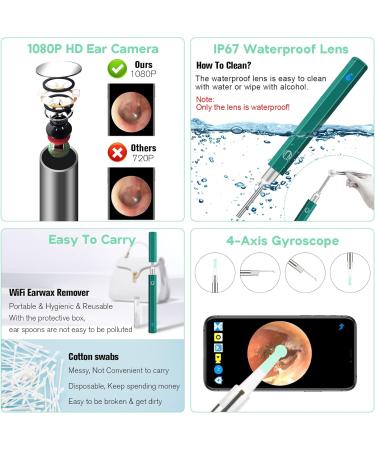 Wireless Otoscope Earwax Removal Kit | 1080P HD WiFi Endoscope Camera for Adults, Kids & Pets | LED Lights | Portable Ear Cleaning Camera - Green - Buy Online on SooperMarket.com