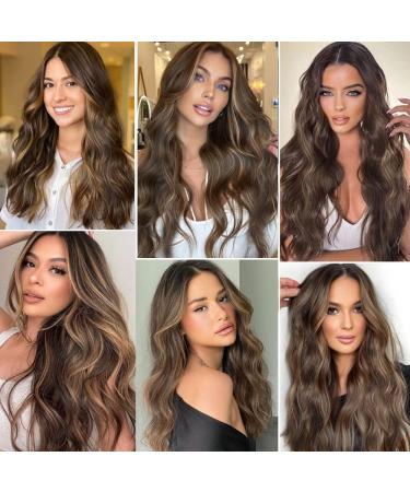 Light Brown Clip in Hair Extensions with Golden Highlights - Long Wavy Synthetic Fiber Hair Pieces for Women - Buy Online on SooperMarket.com