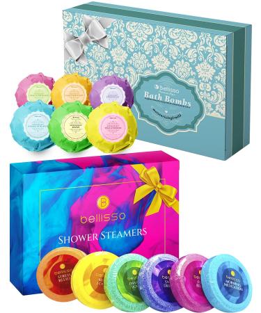 Bath Bombs Ultra Lux Gift Set - 6 XXL Fizzies with Natural Dead Sea Salt Cocoa and Shea Essential Oils Plus Aromatherapy Shower Steamers Set of 6 Scent Tablets