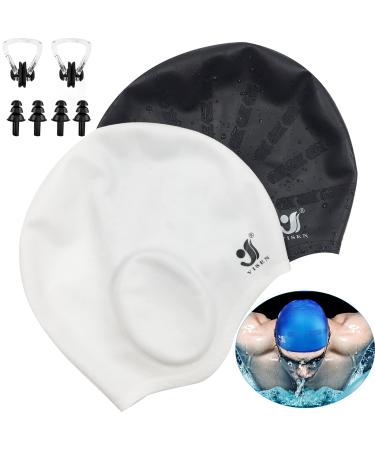 Unisex silicone bathing cap ear protection 2PCs waterproof swimming cap for short/long hair with earplugs & nose clamp elastic bathing cap for women men adult children black+white