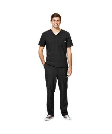 WonderWink W123 Men's V-Neck Top & Flat Front Cargo Pocket Pant Scrub Set + Badge Reel Black 2X-Large Top / X-Large Pants