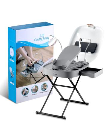 USLADYFONG Pedicure Stool with LED Magnifier Drying Fan The Beauty Footrest for Easy at-Home Pedicures Adjustable Pedicure Stand, Non-Slip Sturdy Legs & Built-in Storage