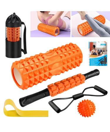 Fascia roll QveeTry 6 in 1 Foam Roller Fascia roll sets with massage roller rod resistance straps strength training massage ball fitness straps 33cm foam roll for Yoga Pilates Sport Orange