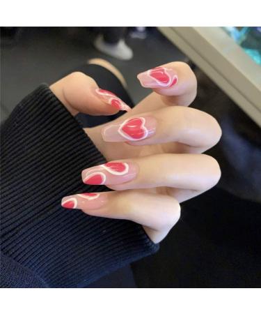 Love heart press on nails 24pcs rose red full cover long coffin fake nails love style design nails for women and girls rose red love