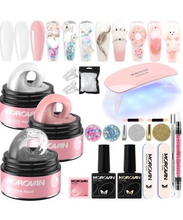 Morovan Solid Builder Gel For Nails- 3 Colors Solid Builder Nail Gel Kit Non Stick Builder Gel For Nails With Nail Tips Chrome Powder Glitter Sequins Solid Gel Nail Glue for Press On Nails Fake Nails Strengthen Nail Art ...