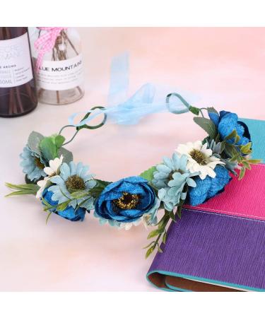 Floral Crown Headband Bride Flower Wreath Crown Flower Garland Headband Hair Wreath Hair Garland Boho Floral Headpiece with Ribbon Rose Flower Bohemian Hair Accessories for Wedding Party Festival Blue - Buy Online on SooperMarket.com