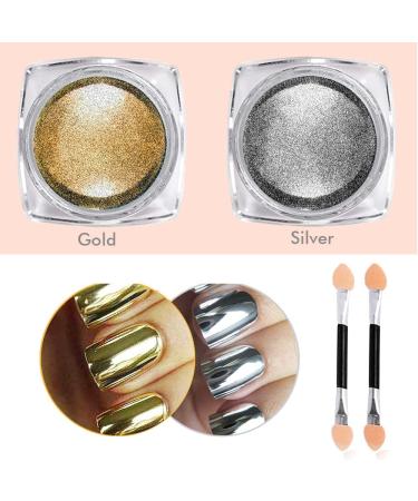 Nail Powder Hisight 2pcs - Mirror Glitter Chrome Pigment Powder for Nail Art - Gold Silver Sequins with Sponge Stick - Buy Online on SooperMarket.com