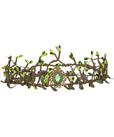 MOSTORY Handmade Green Elf Crown for Wedding Woodland Twig Tiara Headband Forest Crystal Headpiece for Women Womens Fairy Cosplay Costume Hair Accessories Renaissance Fair Medieval Party Proms