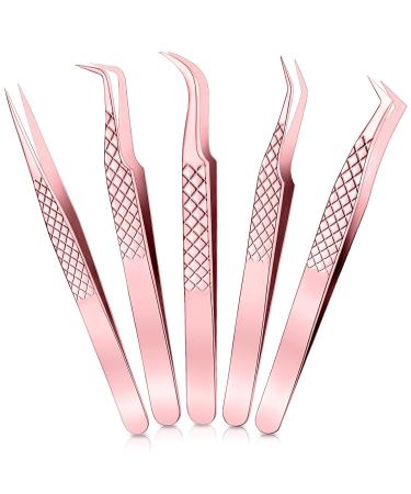 5 Pieces Eyelash Extension Tweezers Set Straight and Curved Tip False Lash Tweezers Eyelash Volume Tweezers Stainless Steel Precision Tweezers for Eyelash Extension (Rose Gold)