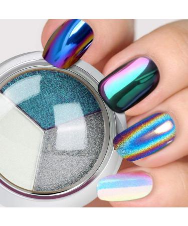 PrettyDiva Chrome Nail Powder - 3 in 1 Solid Holographic Nail Powders  Mermaid Iridescent Chrome Nail Powders  Chameleon Powder Ombre Nail Pigment Mirror Finish Powder