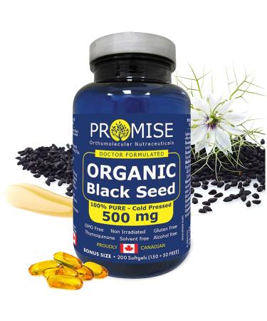 Promise Organic Black Seed 100% Pure Cold Pressed 500mg Essential Thymoquinone Made in Canada (150+50 FREE softgels)