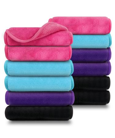 Orighty Makeup Remover Cloths 12 Pack, Reusable Microfiber Facial Cleansing Cloths, Remove Instantly Dirt, Makeup&Waterproof Mascara with Just Water, 15.5 x 7.5 in, Blue/Purple/Black/Pink 12 Count (Pack of 1)