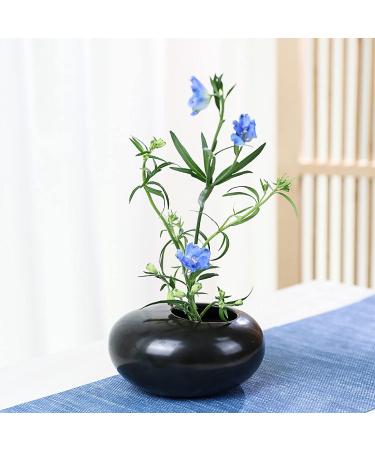 WANDIC Round Flower Frog & Ceramic Flower Pot Set - Shiny Black Pebble - Ikebana Floral Arrangement Supplies for Home and Office Decoration - Buy Online on SooperMarket.com