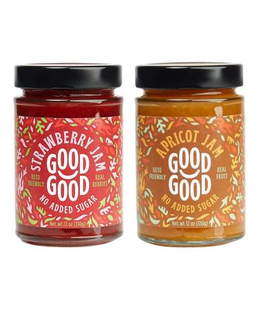 GOOD GOOD Sweet Strawberry & Apricot Jams - Keto Friendly Variety Pack - Low Carb & Calorie Without Added Sugars - Vegan - Gluten Free - Preserves - 330g Jars