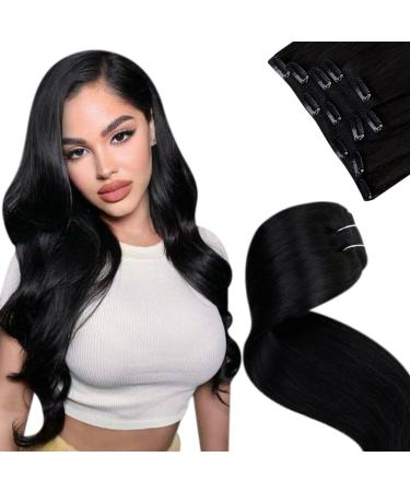 Laavoo clip in Extensions Real hair black 40cm hair extension real hair clip in black 5pcs/80g double tress real hair extensions clip in black human hair smooth 40cm-70g 1.1#1