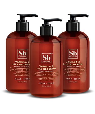Soapbox Liquid Hand Soap Vanilla & Lily Blossom - Gentle Moisturizing Hand Cleanser Vegan Cruelty Free Hand Soap for Bathroom and Kitchen 12oz Pump Bottles (Pack of 3) Vanilla & Lily Blossom 12 Fl Oz (Pack of 3)