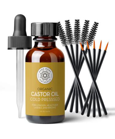 Organic Castor Oil for Eyelashes and Eyebrows with Applicator Kit, Brow and Eyelash Growth Serum by Pure Body Naturals, 1 fl oz
